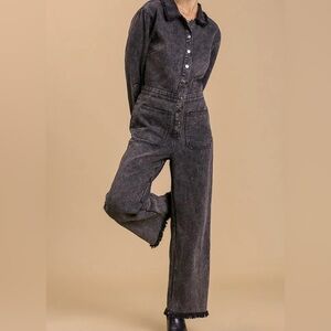 NWT UMGEE Washed Denim Black Frayed Hem Button Down Utility Jumpsuit Coveralls